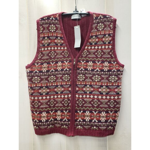 Carolyn Taylor Burgundy Fair Isle Sweater Vest, Large, Wool Blend, Made In Korea - Picture 1 of 5